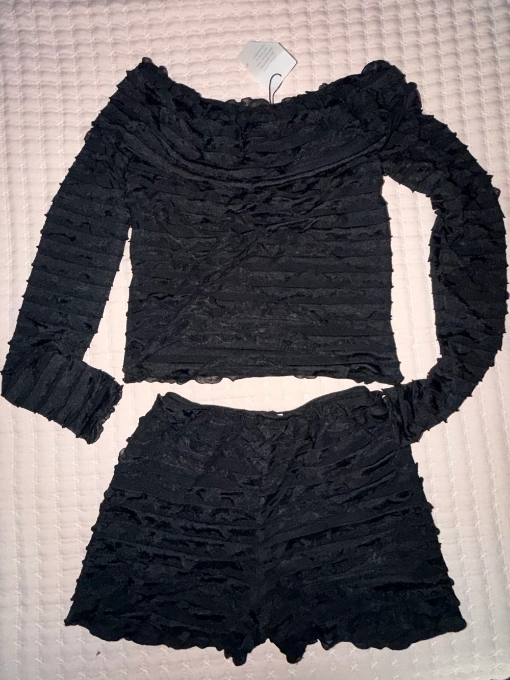 superdown Black Ruffle Off-Shoulder Crop Top and shorts